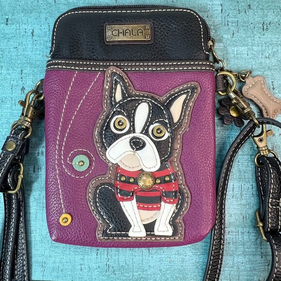 Chala Handbags - Chala Handbag Boston Terrier Cellphone Crossbody Handbag Purple Charms Colorful